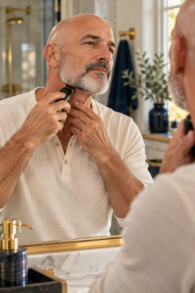 photograph featuring a stylish 58-year-old bald man with a neatly trimmed salt-and-pepper beard