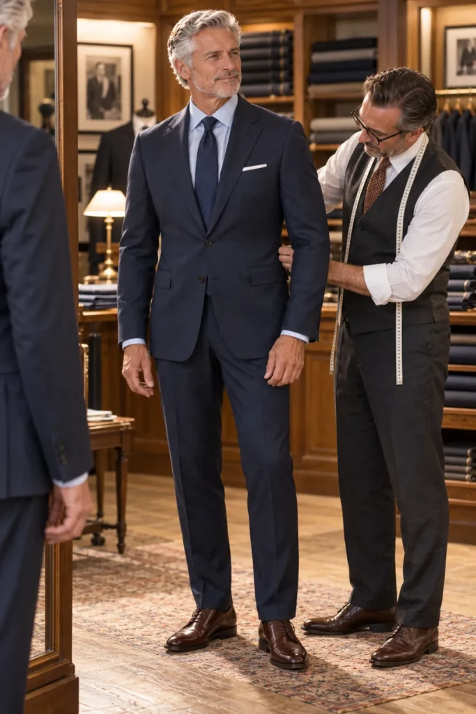 photo of a distinguished 65-year-old man with silver hair standing in front of a tailor's mirror while a professional tailor makes a small adjustment