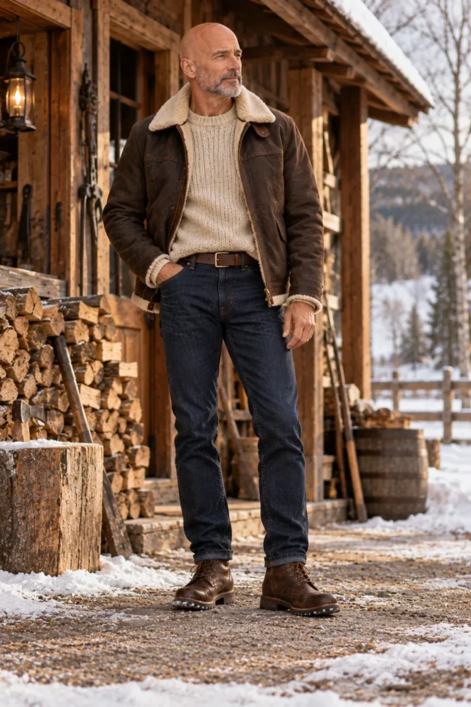 photograph of a rugged 60-year-old bald man with a neatly trimmed gray beard wearing a dark brown shearling-lined jacket over a chunky oatmeal crew-neck sweater