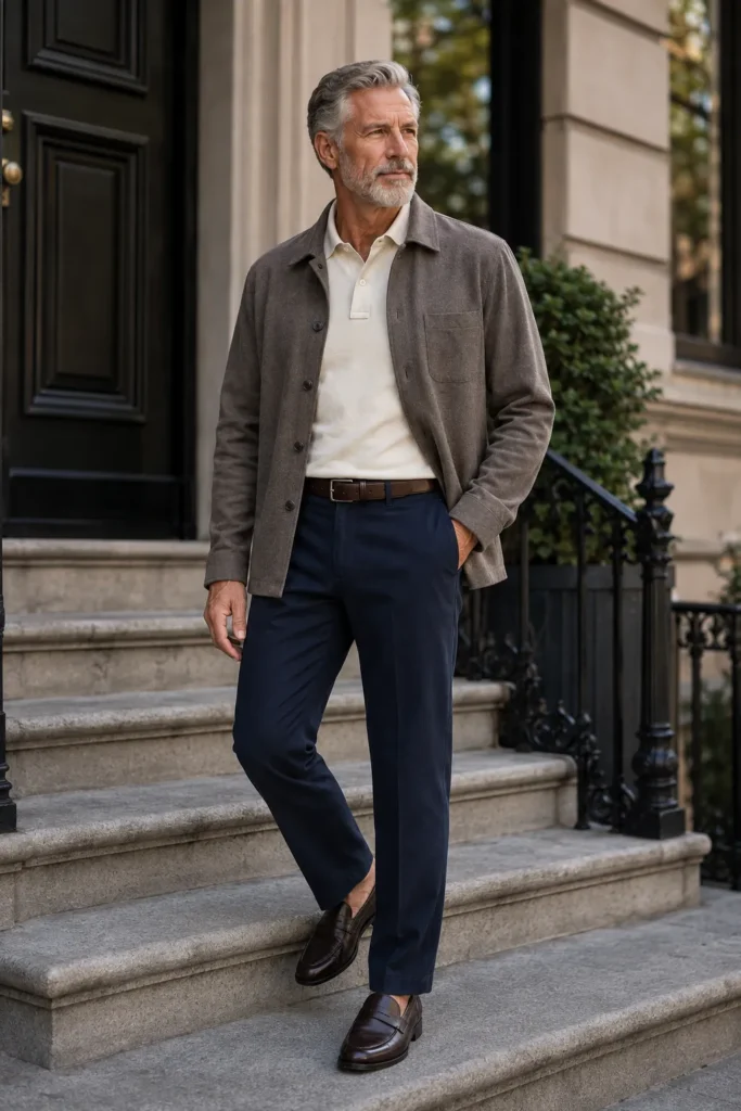 photograph featuring a stylish 60-year-old man with neatly combed gray hair and a short gray beard