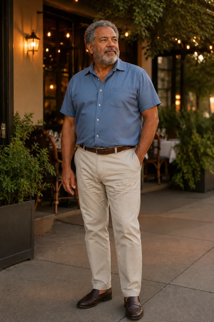 photograph of a completely different 60-year-old plus-size man with a heart-shaped face, medium brown skin