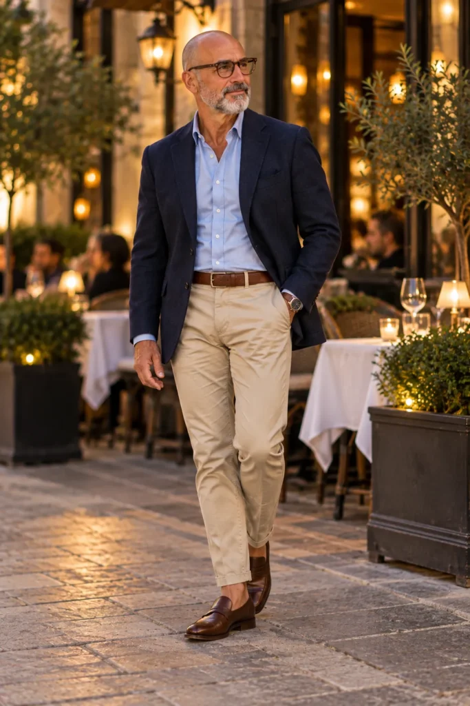 photograph featuring a confident 58-year-old bald man with a neatly trimmed salt-and-pepper beard wearing a refined dark navy sport coat