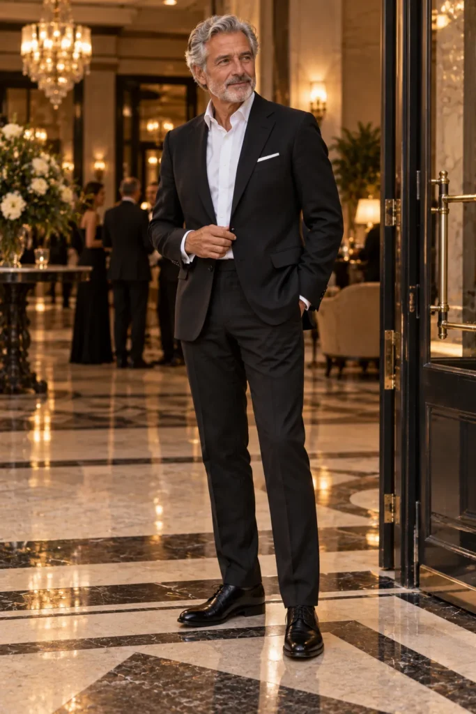 photograph of an elegant man around 62 standing in the entrance hall of a refined hotel or formal event venue