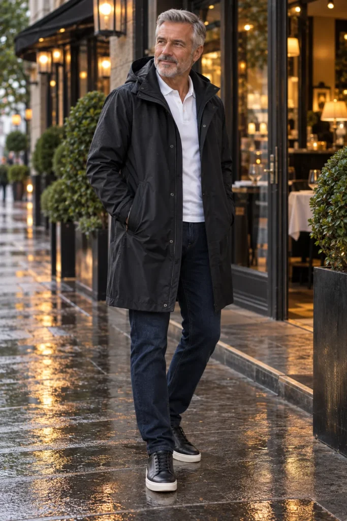 photo of a mature man around 58 with short grey hair and a neatly trimmed beard, wearing a minimalist black raincoat over a plain white polo shirt