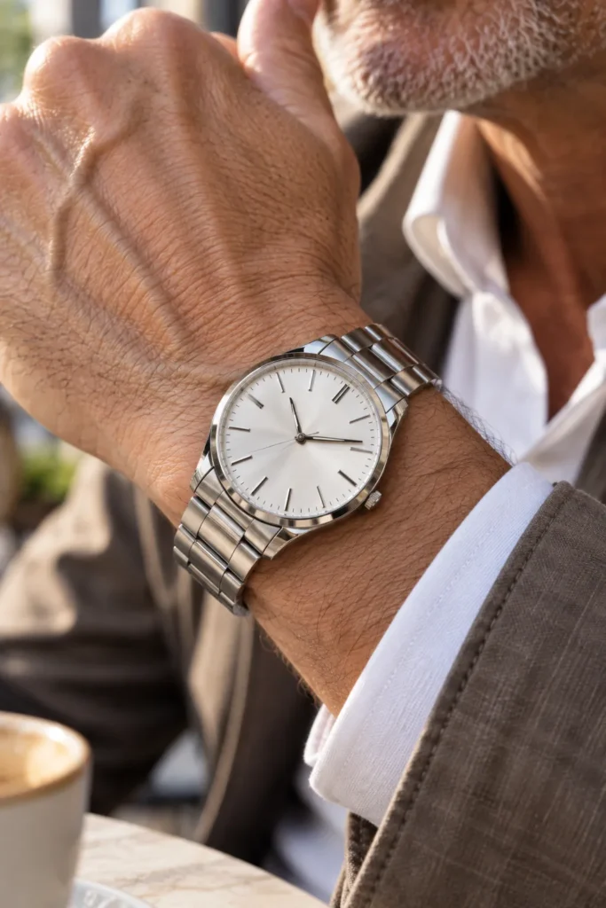 hero close-up of a minimalist everyday wristwatch worn by a mature man around 57