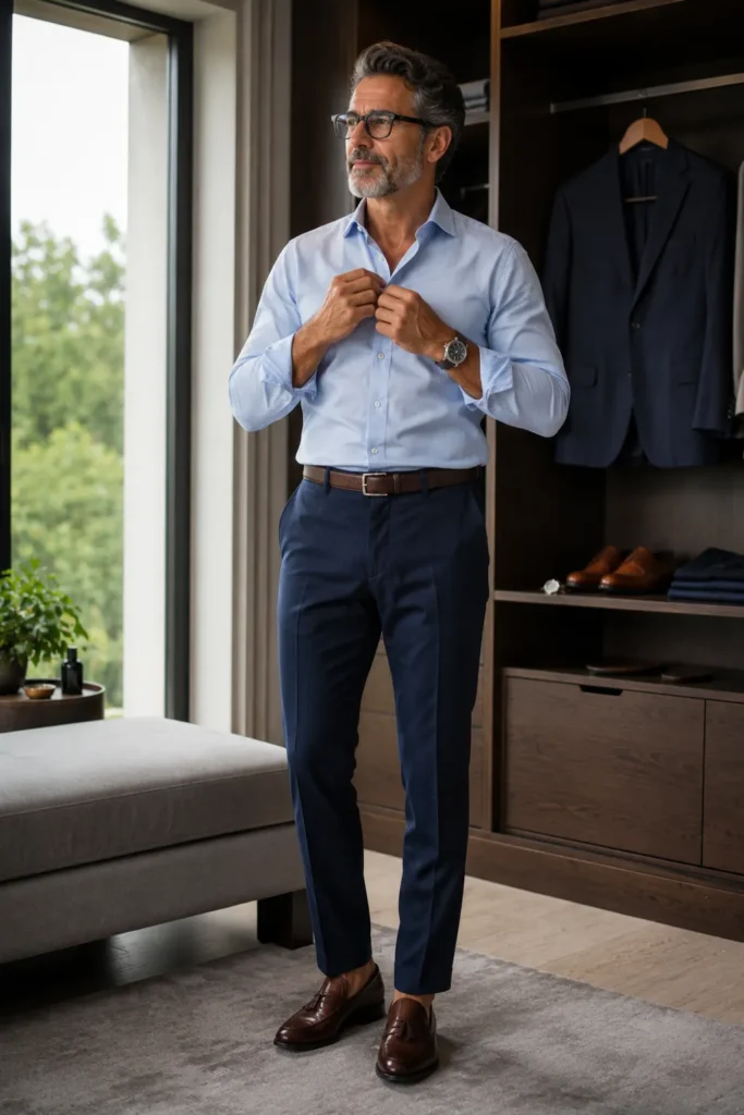 photograph of a confident 50-year-old man preparing for his birthday celebration in a stylish modern dressing room