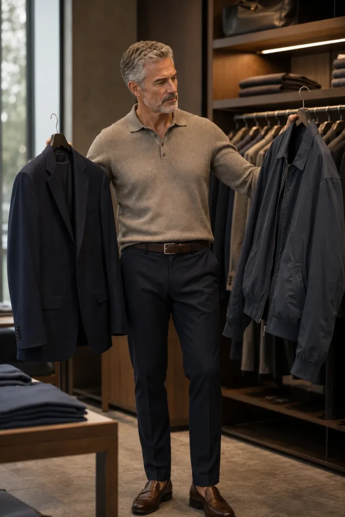 photograph featuring a stylish 59-year-old man with short textured gray hair and a neatly trimmed beard