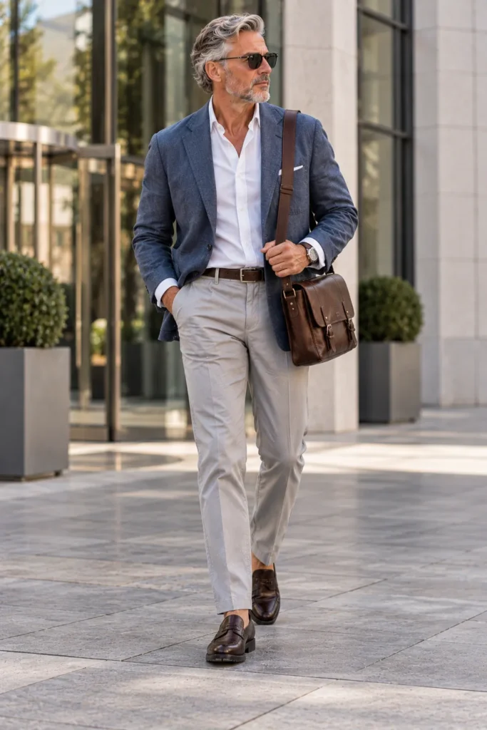 photorealistic editorial menswear image of a distinguished 59-year-old man with silver hair and a neatly trimmed beard.