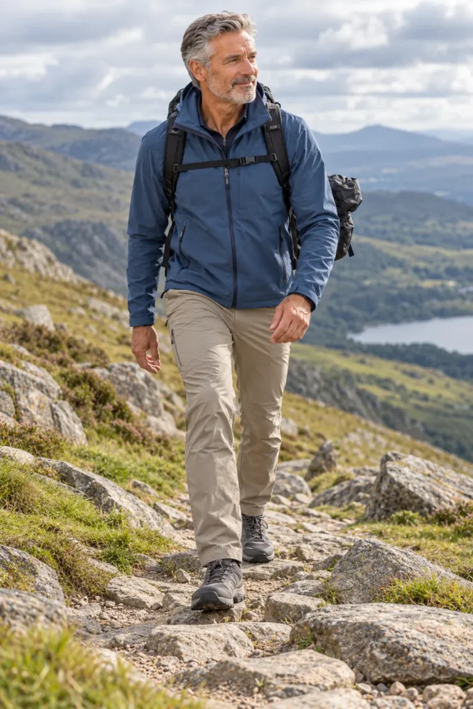  photograph of a fit 60-year-old man with silver hair and a short gray beard wearing a slate blue softshell jacket