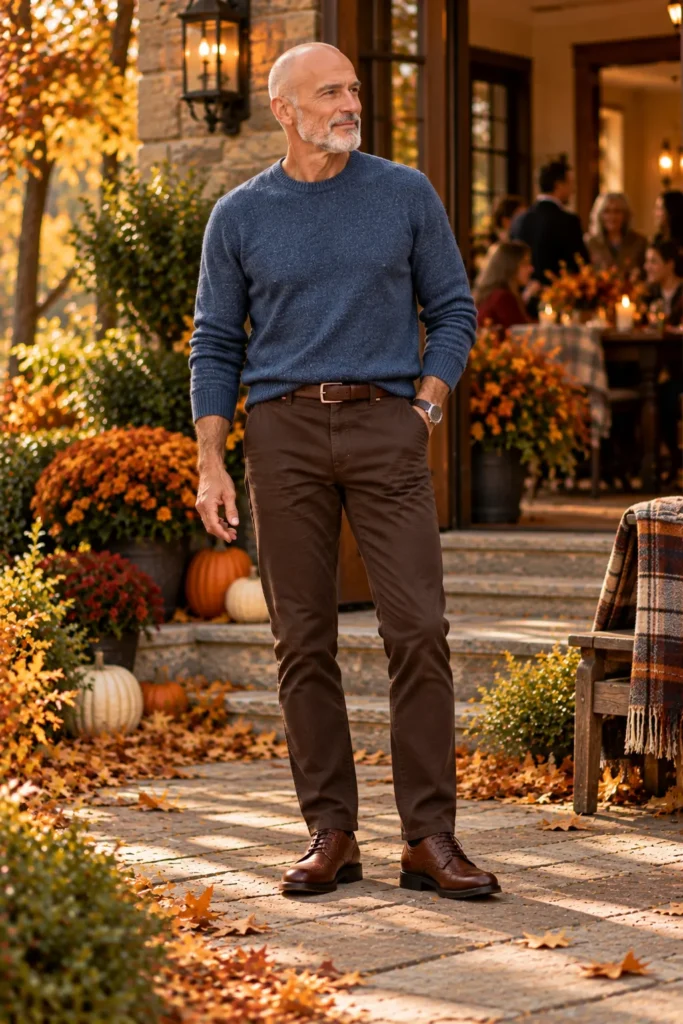photograph featuring a different 63-year-old bald man with a neatly trimmed gray beard, wearing a slate blue textured crew-neck sweater