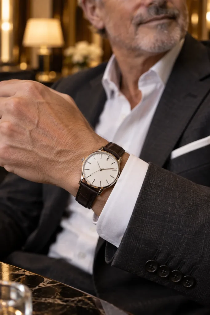 photograph with the slim dress watch as the main subject, shown prominently on the wrist of a mature man around 60
