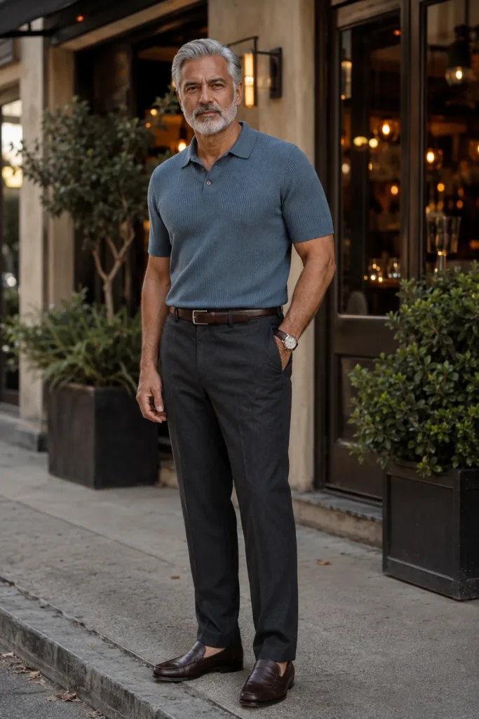 photograph featuring a stylish 61-year-old mature man with a naturally broad build, neatly combed silver hair, short salt-and-pepper beard