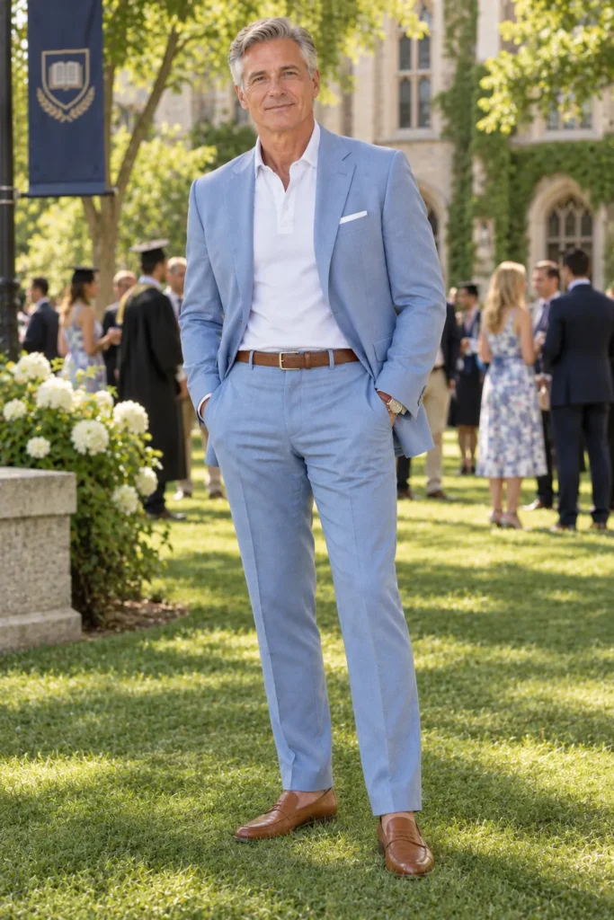 photograph of a distinguished 59-year-old man attending his child's outdoor university graduation