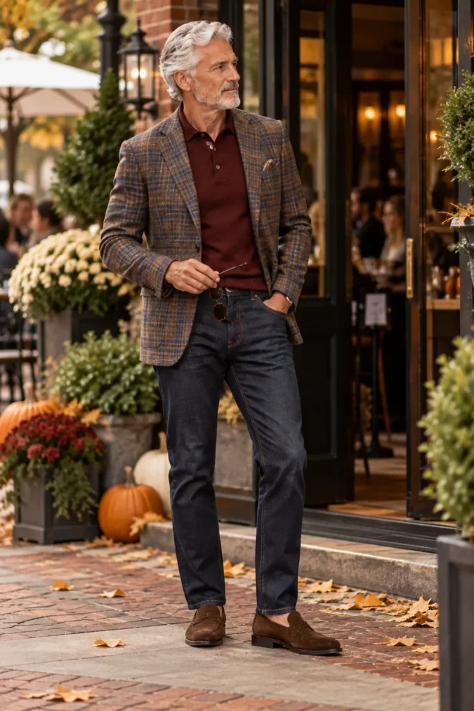 hotograph featuring a different 63-year-old man with short white-gray hair and a neatly trimmed beard wearing a soft brown and muted blue plaid sport coat over a solid burgundy knit polo