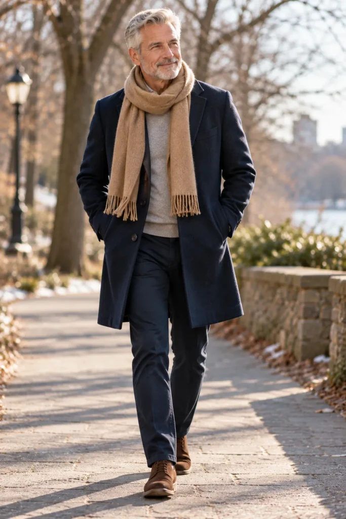 photograph of a stylish 61-year-old man with silver hair and a neatly trimmed gray beard walking along a quiet tree-lined path on a cool winter morning