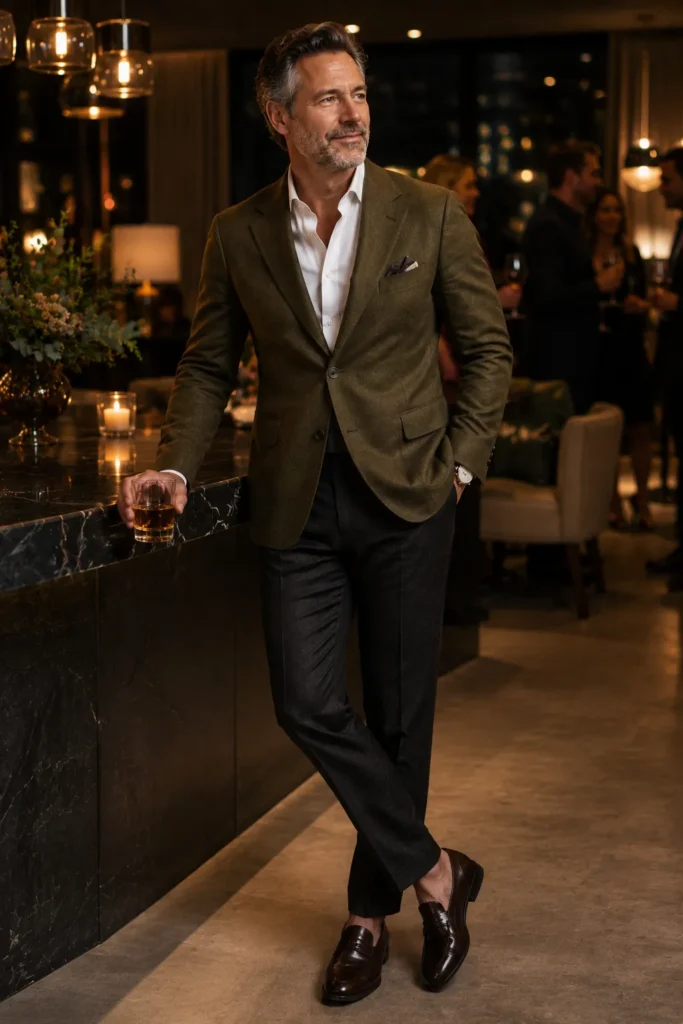 photograph of a stylish 50-year-old man celebrating his birthday at a modern evening gathering