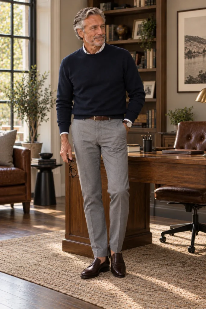 photograph of a mature man around 60 with silver hair and a short gray beard, wearing a simple dark navy merino sweater