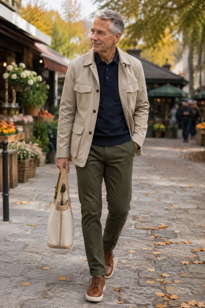 photograph of a mature 60-year-old man wearing a clean stone-colored utility jacket over a navy long-sleeve knit polo