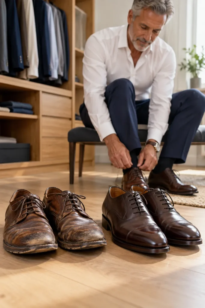 photograph focused on a pair of visibly worn brown leather dress shoes with creased leather