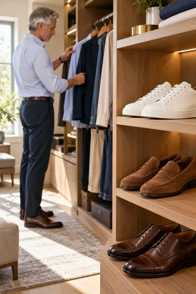 photorealistic men's wardrobe editorial showing three distinct pairs of men's shoes arranged neatly on open wooden shelves