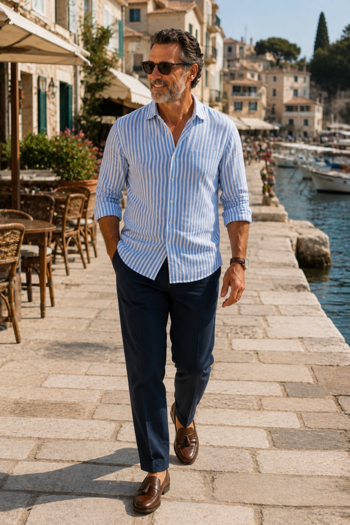photograph of a stylish 60-year-old man wearing a blue-and-white vertically striped linen button-up shirt