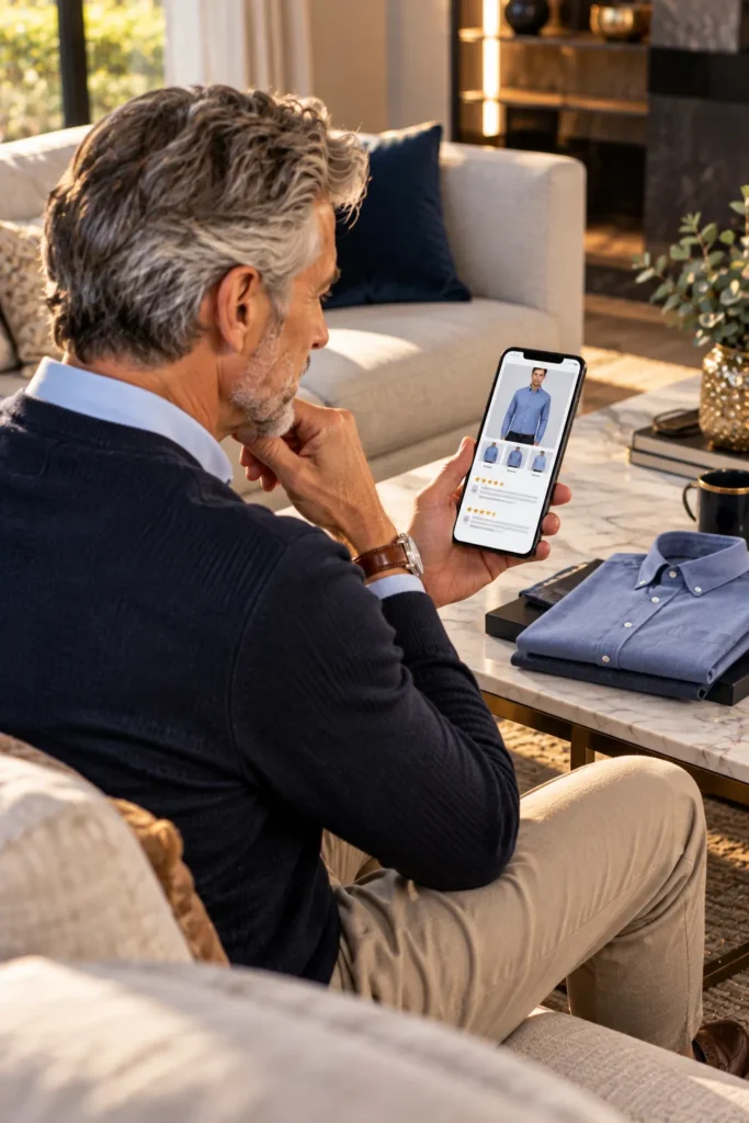 photograph representing the habit of reading customer reviews before buying clothes online.