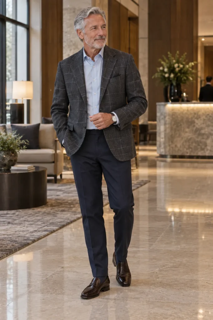 photograph of a mature man around 59 wearing a refined charcoal-gray blazer with a very subtle light windowpane pattern
