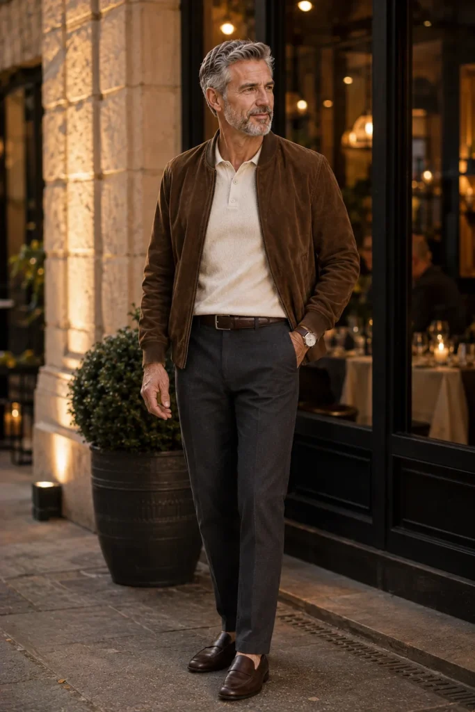 photograph featuring a distinguished 61-year-old mature man with short silver-gray hair and a neatly trimmed beard