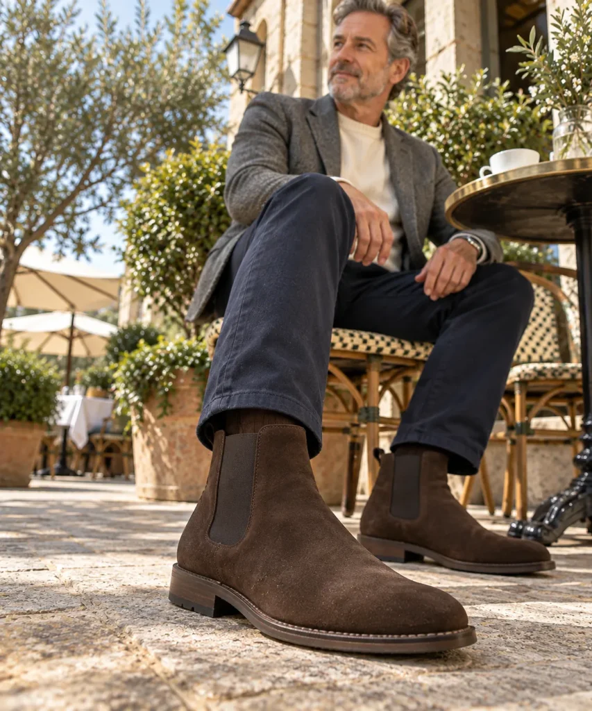 photograph centered on dark brown suede Chelsea boots. Feature a mature man around 58 wearing navy chinos