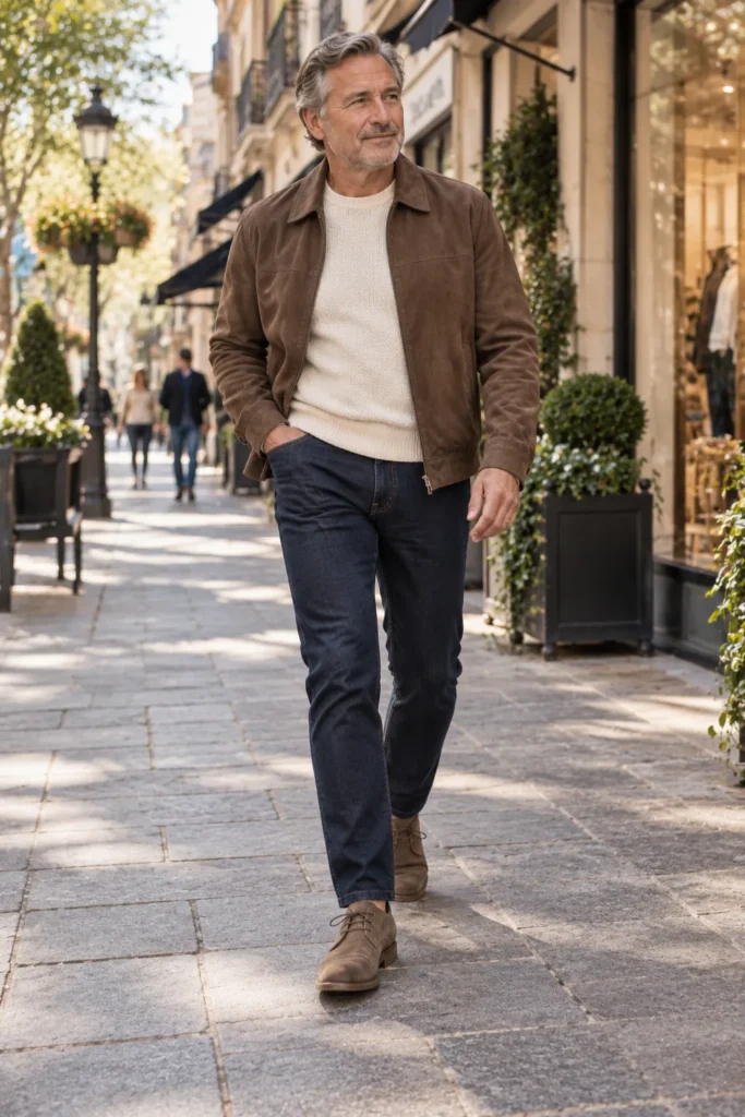 photograph of a stylish man around 57 walking along a charming outdoor shopping street
