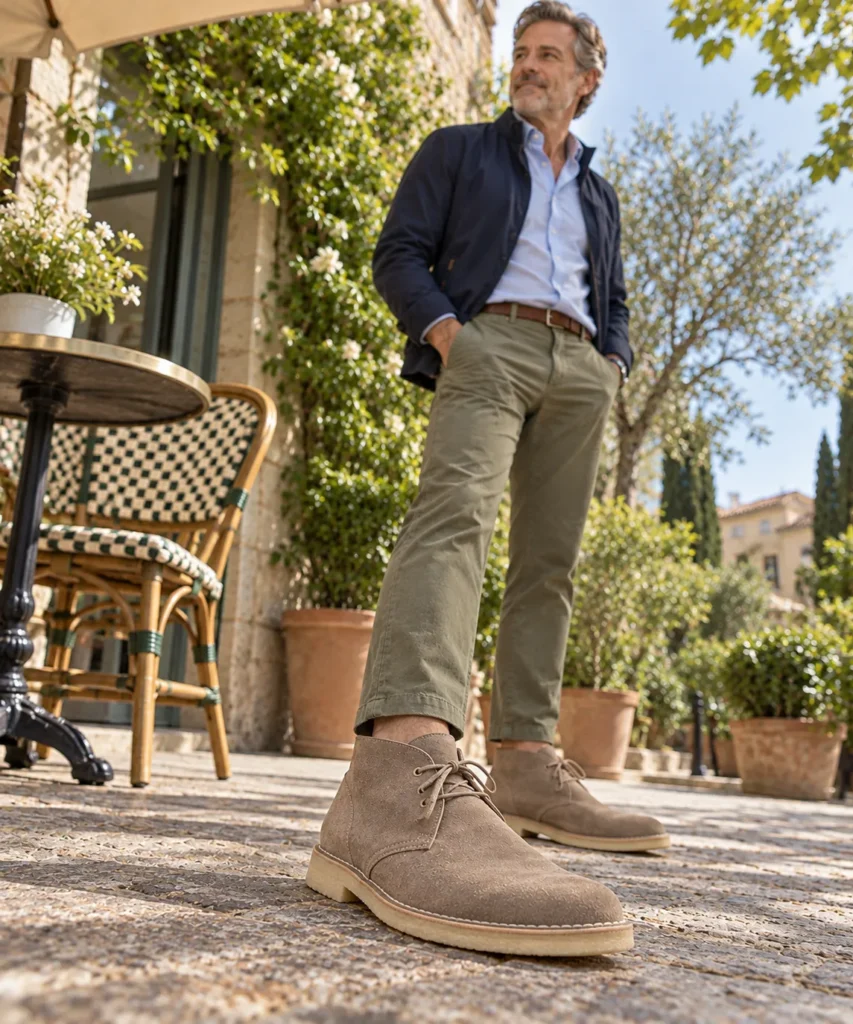 photograph focused on taupe suede desert boots worn by a mature man around 55