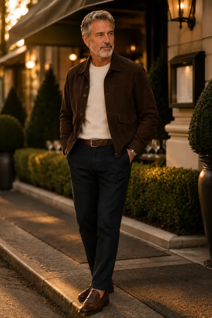 photograph featuring a distinguished 60-year-old mature man with short salt-and-pepper hair and neatly trimmed gray beard, wearing a dark chocolate brown suede jacket over a cream fine-gauge sweater