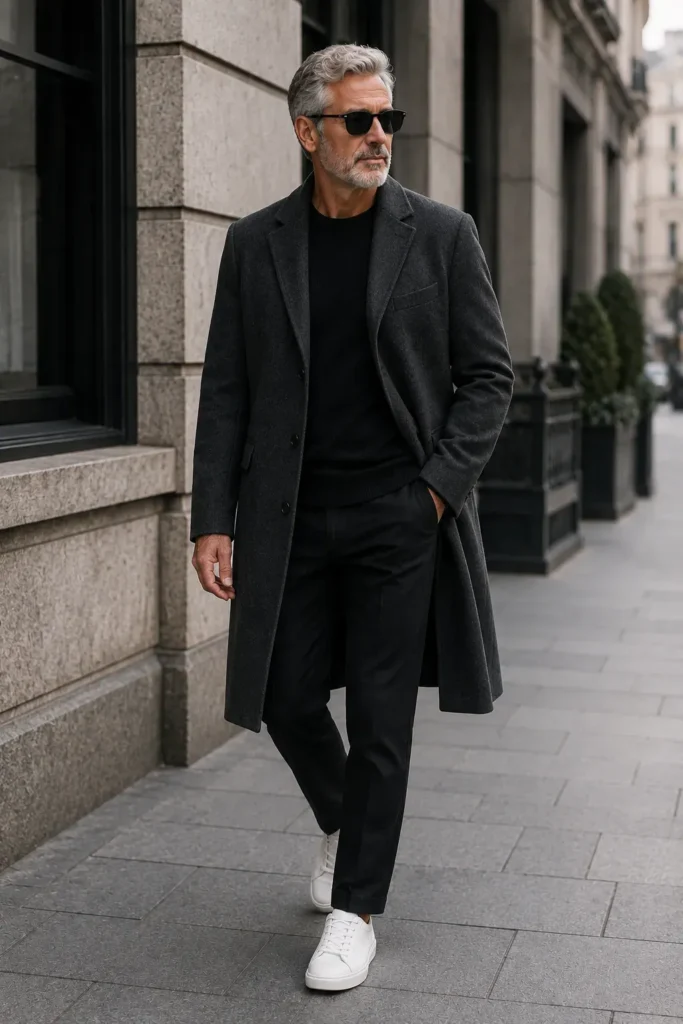 photograph of a stylish 59-year-old man with neatly styled gray hair and a short salt-and-pepper beard