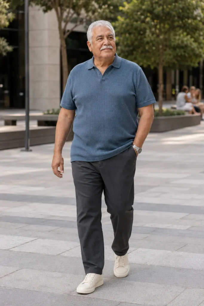 photograph of a completely different 72-year-old plus-size man with a square face, warm beige skin