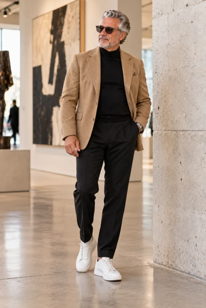 photograph of a stylish man around 60 with a natural fuller stomach standing inside a modern art gallery