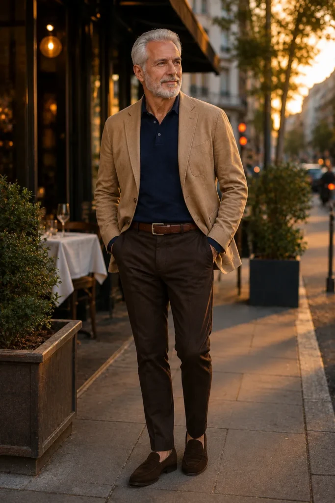 photograph featuring a distinguished 64-year-old mature man with short silver-gray hair