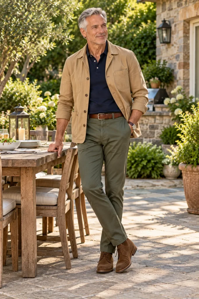 photograph of a stylish 59-year-old man with short gray hair standing in a garden courtyard before an afternoon reunion barbecue