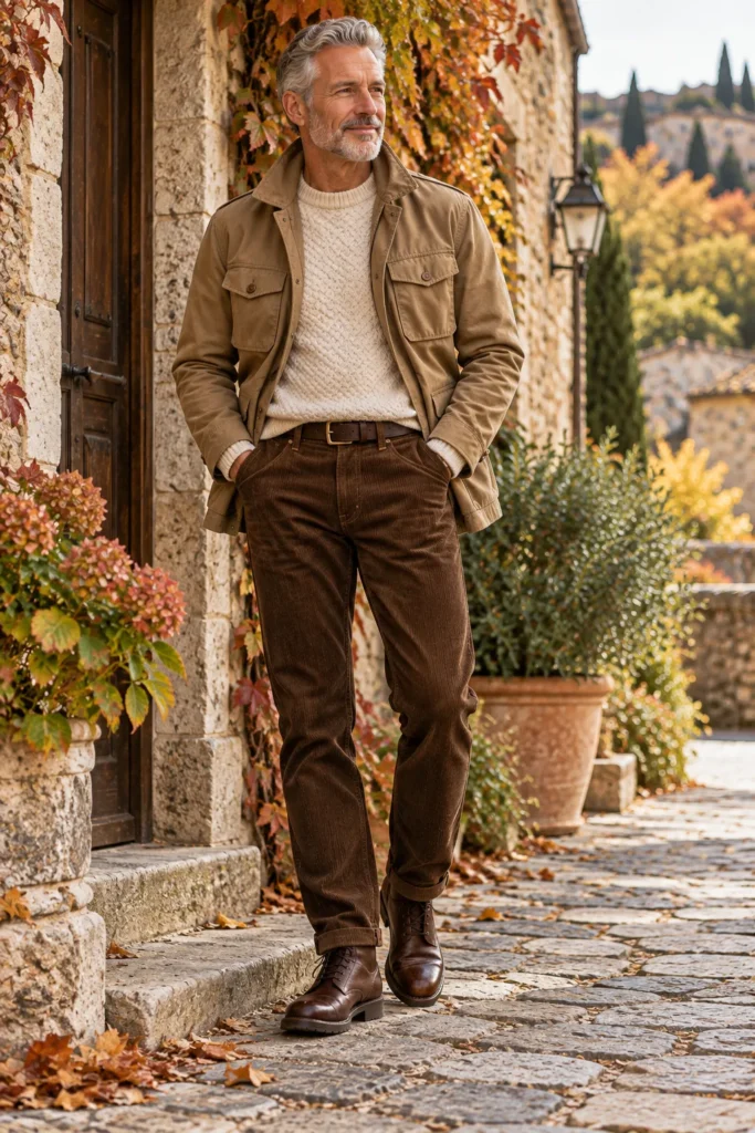 Tan Field Jacket With a Cream Knit and Brown Corduroy Trousers