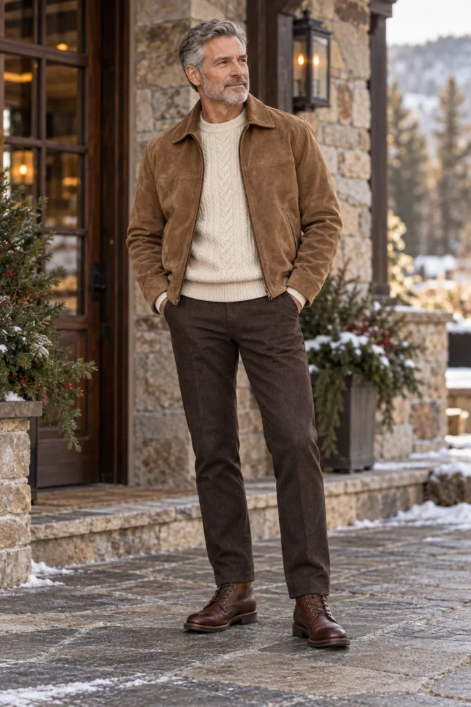 photorealistic luxury casual menswear photograph featuring a stylish 59-year-old man with short silver hair and a neatly trimmed salt-and-pepper beard. 