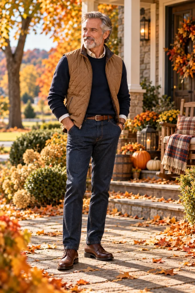 photograph featuring a stylish 59-year-old man with short salt-and-pepper hair and a neatly trimmed beard