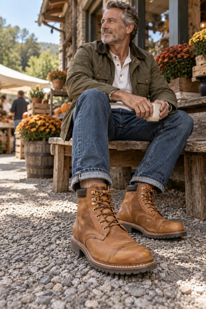 photograph focused on tan leather work boots. Feature a mature man around 56 wearing relaxed blue jeans