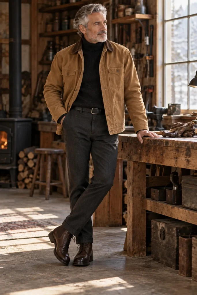 photograph of a stylish 58-year-old man with short silver-gray hair and a neatly trimmed beard wearing a tan canvas work jacket over a fitted black wool turtleneck, dark charcoal trousers