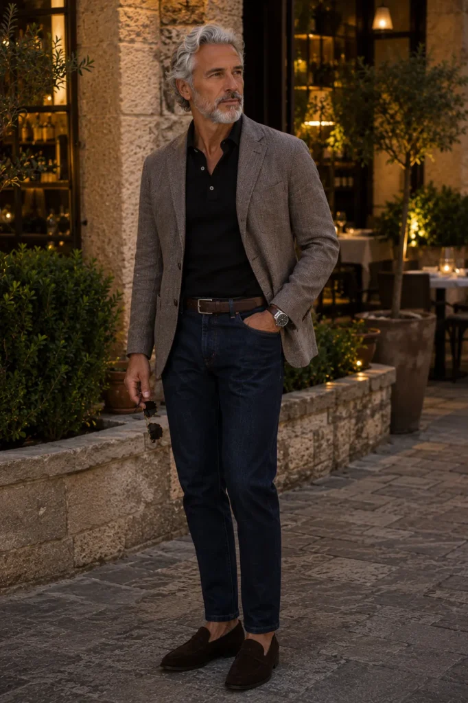 photograph featuring a sophisticated mature man around 55 with silver-grey hair and a neatly trimmed grey beard