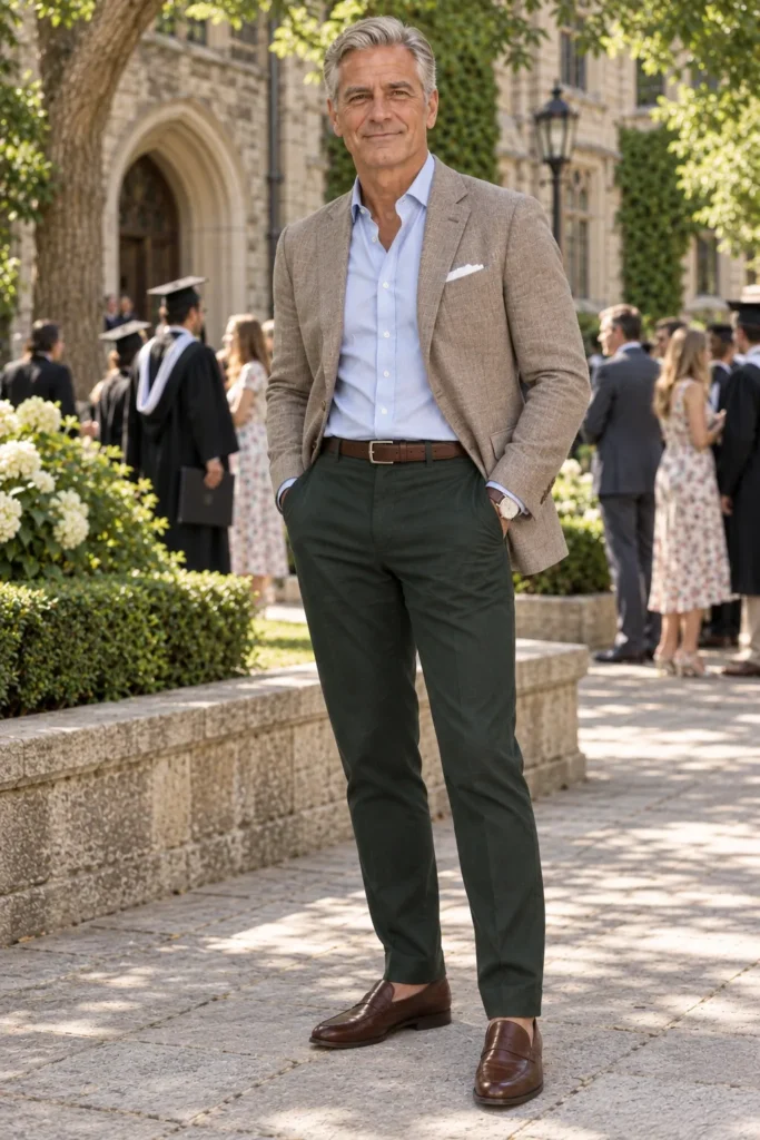 photograph of a stylish 58-year-old man attending his child's graduation on a university campus.