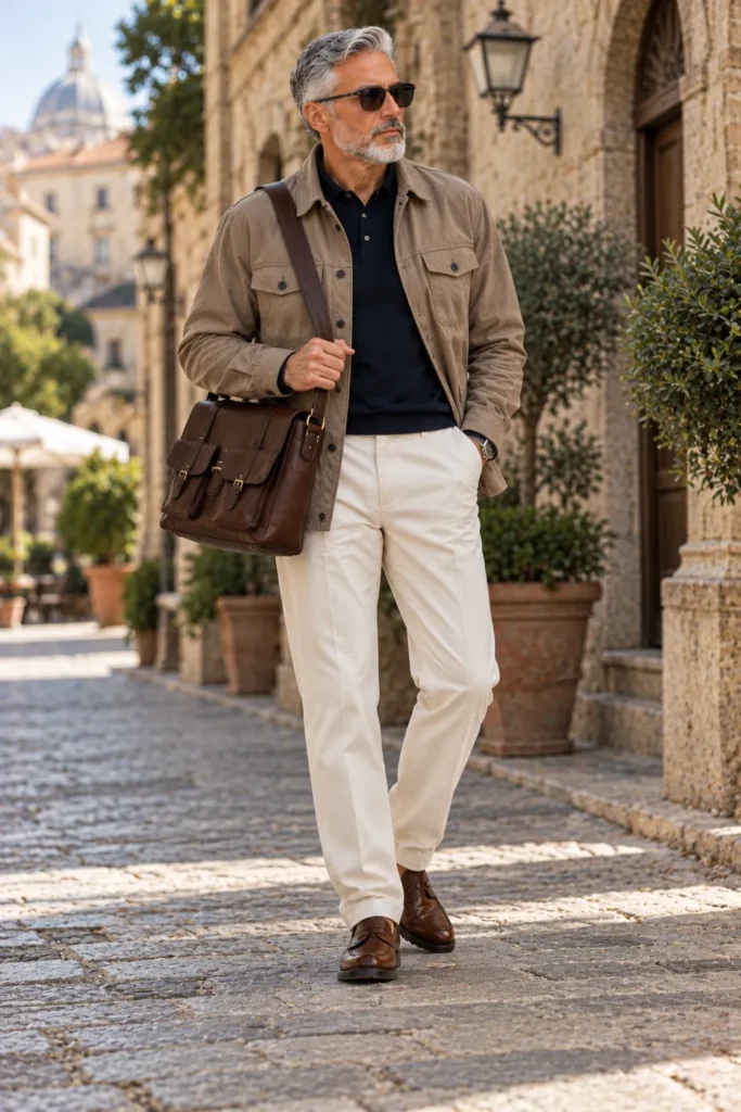 photograph featuring a 61-year-old man with silver hair and a short gray beard. He wears a lightweight taupe safari jacket with neat pockets