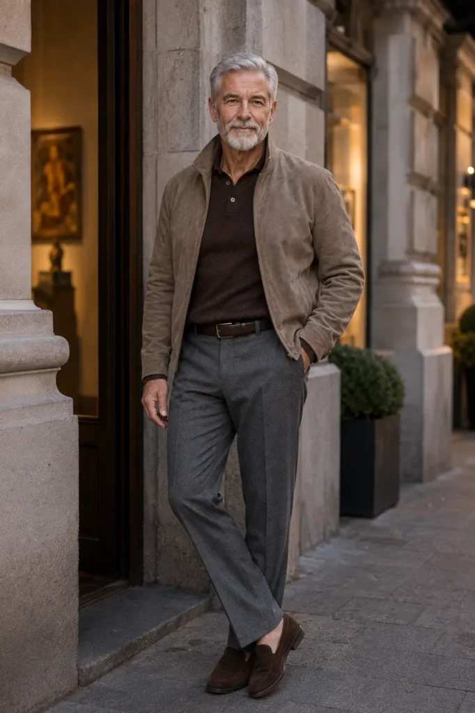 photograph featuring a distinguished 68-year-old mature man with short silver-gray hair