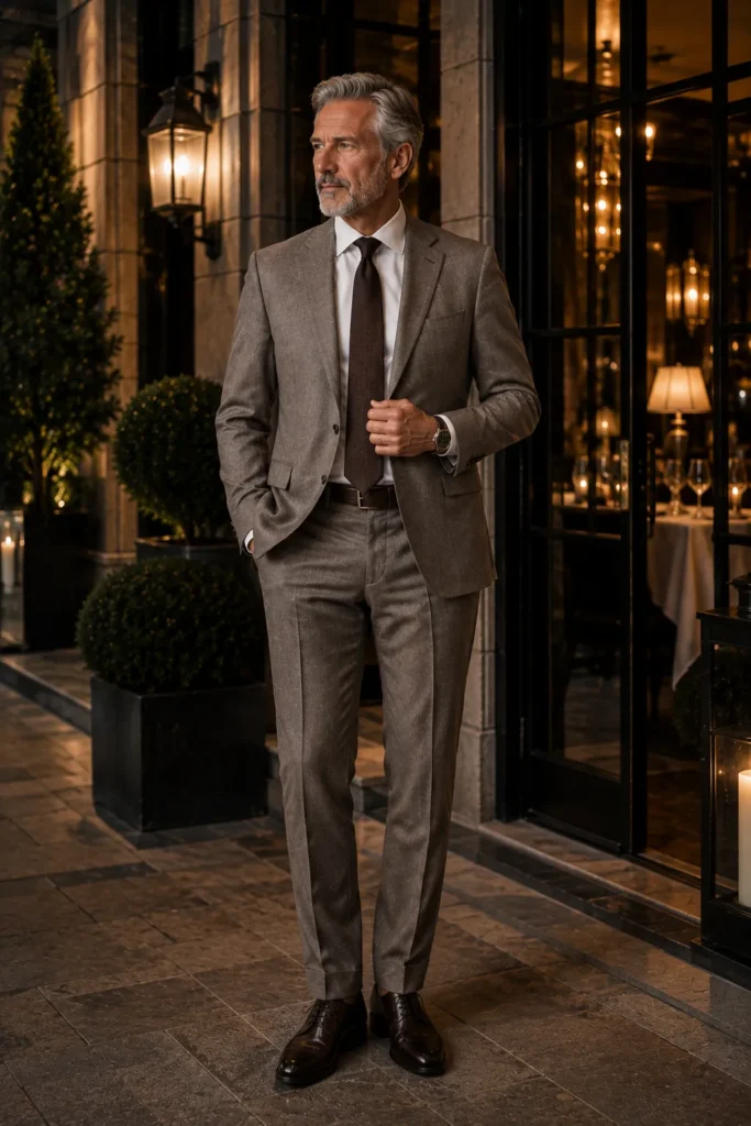 featuring a distinguished mature man around 56 with silver-grey hair and a neatly trimmed grey beard