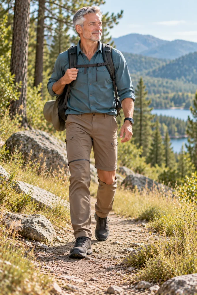 photograph of a 56-year-old man with short silver hair wearing a muted teal quick-drying hiking shirt