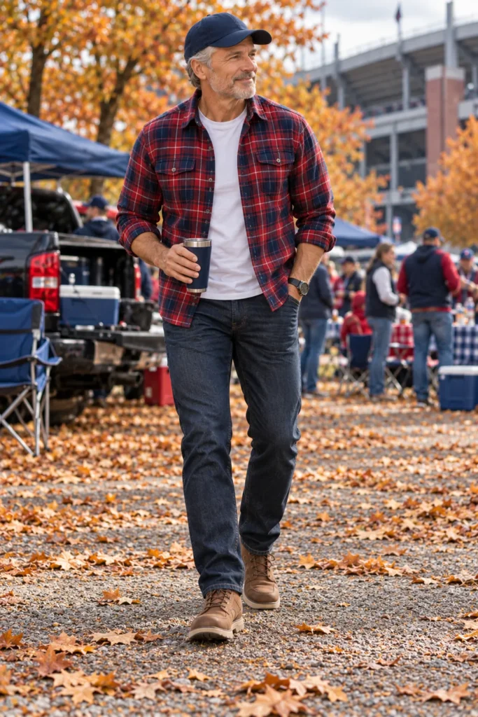 photograph featuring a 57-year-old man with gray hair and a short beard. He wears a red-and-navy plaid flannel shirt open over a plain white T-shirt