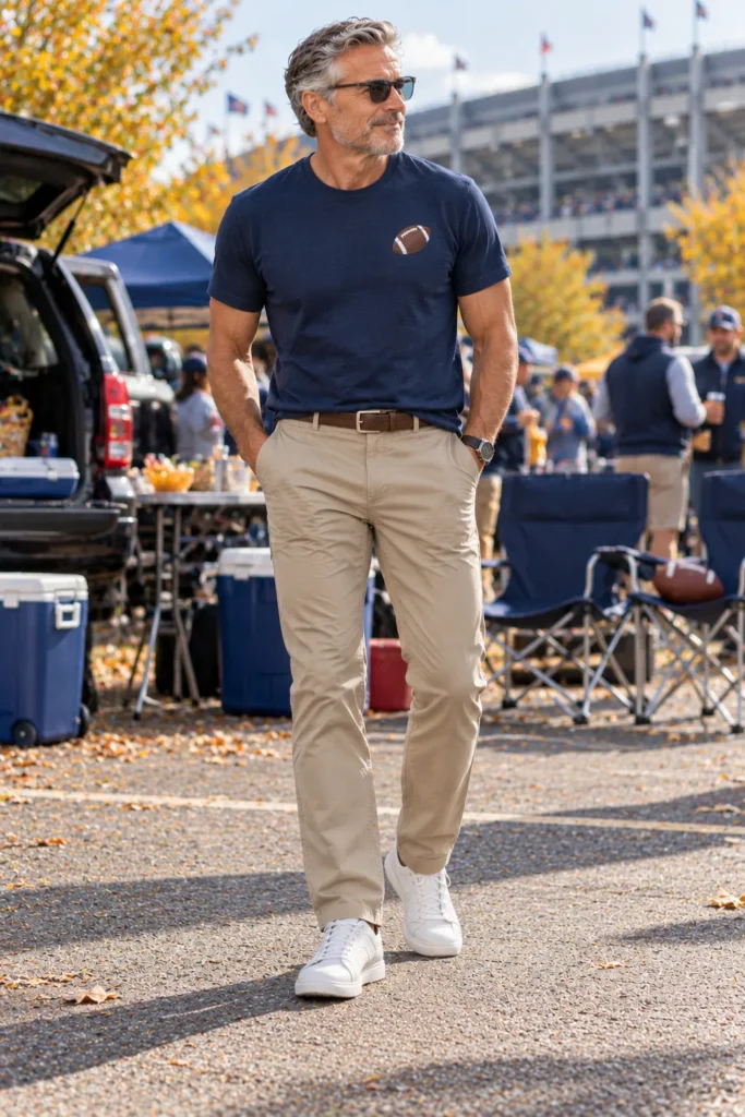 photograph featuring a 56-year-old man with salt-and-pepper hair wearing a navy T-shirt with a small tasteful generic football graphic